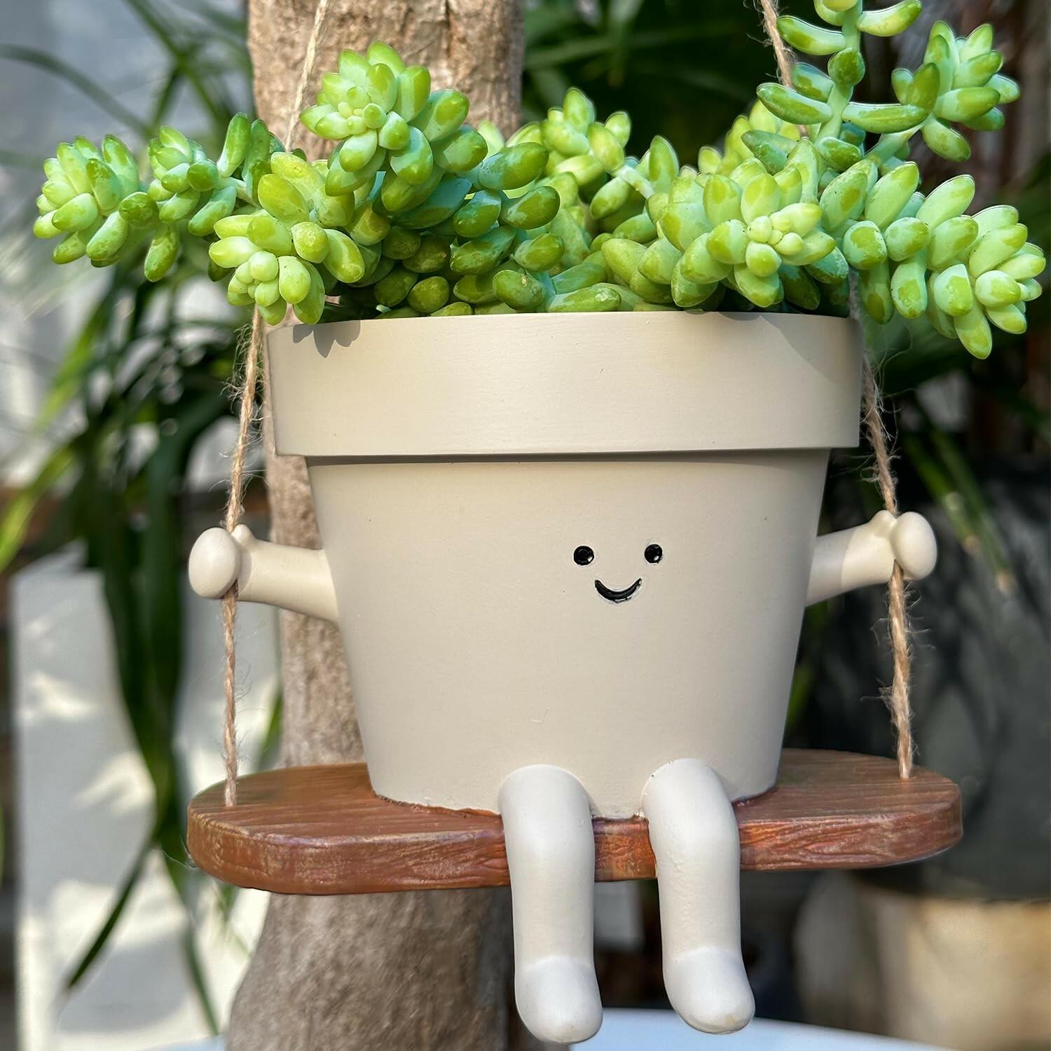 Hanging Planter Swing Face Plant Pot - Cute Resin Head Planters with Drainage