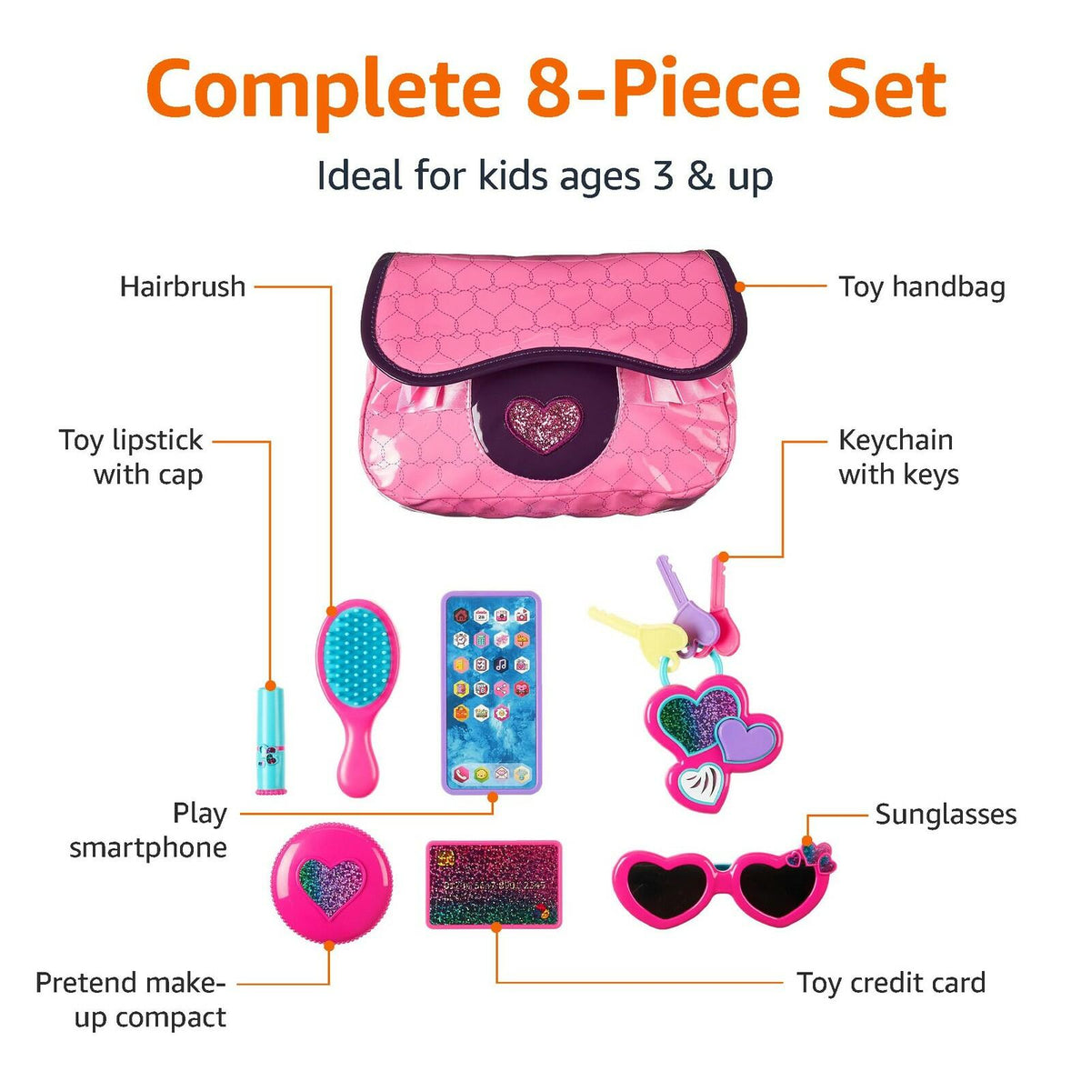 Amazon Basics 8-Piece Pretend Play Purse Toy with Accessories for Girls Ages 3