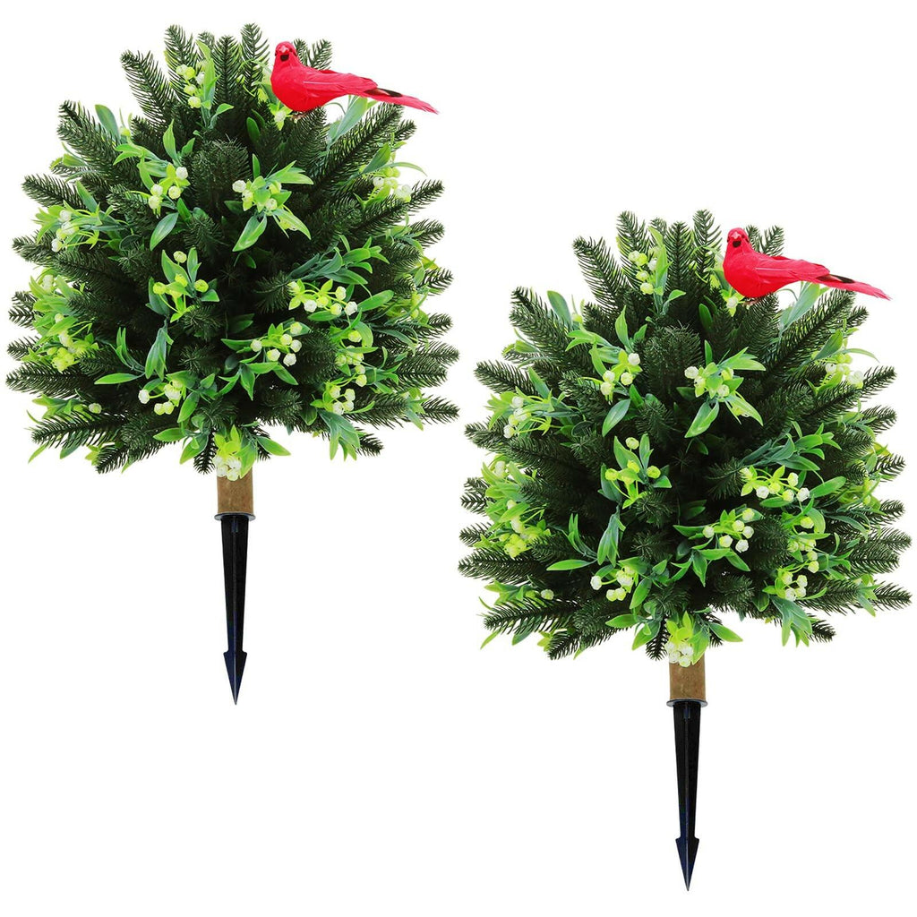 Set of 2 Artificial Christmas Urn Filler Topiary Tree with Cardinal Birds, Pine,