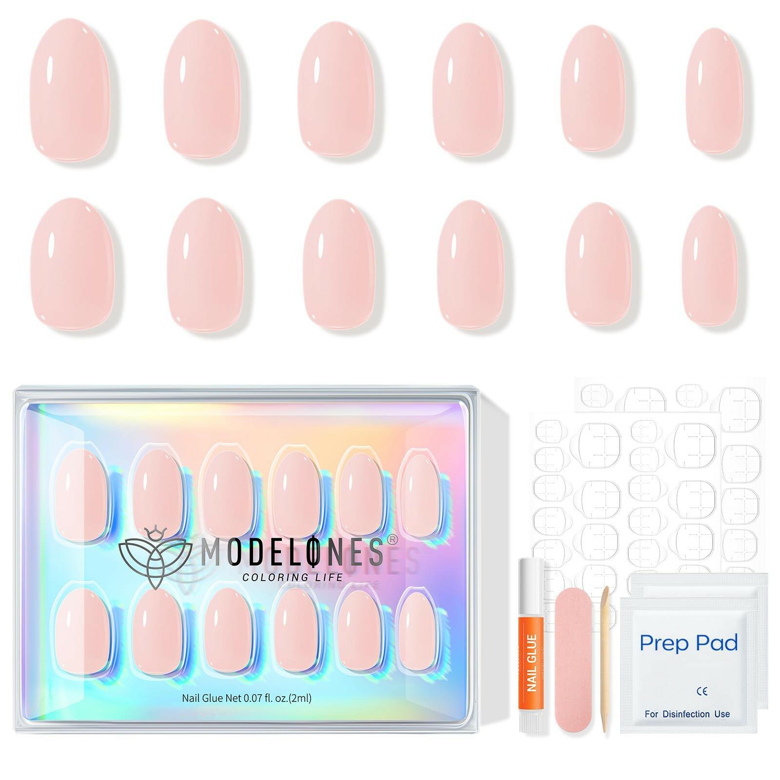 modelones Nude Pink Short Press on Nails, Semi-Transparent Oval Fake Nails Kit