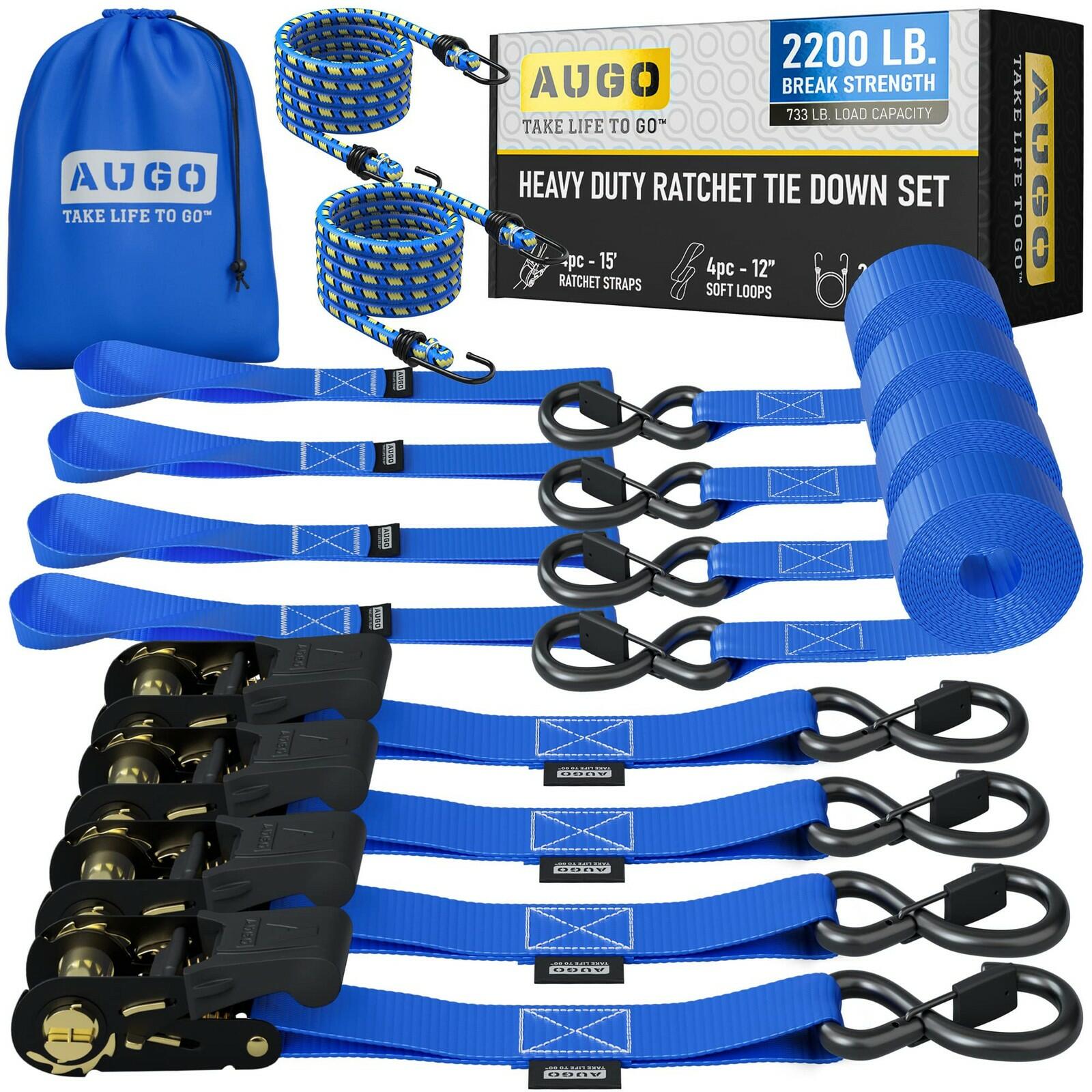 AUGO Ratchet Straps Heavy Duty 4 Pack -15 FT - 2200 LB Break Strength – with
