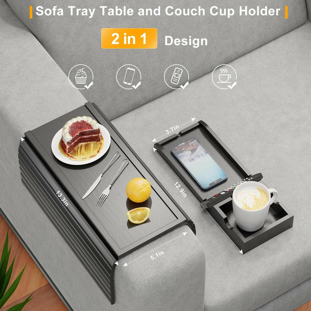 Bestjing Bamboo Couch Armrest Table, Sofa Arm Tray with Detachable Couch Cup