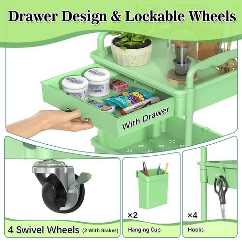 SUNALLY 3-Tier Rolling Cart with Drawer & Lockable Wheels, Bathroom Storage