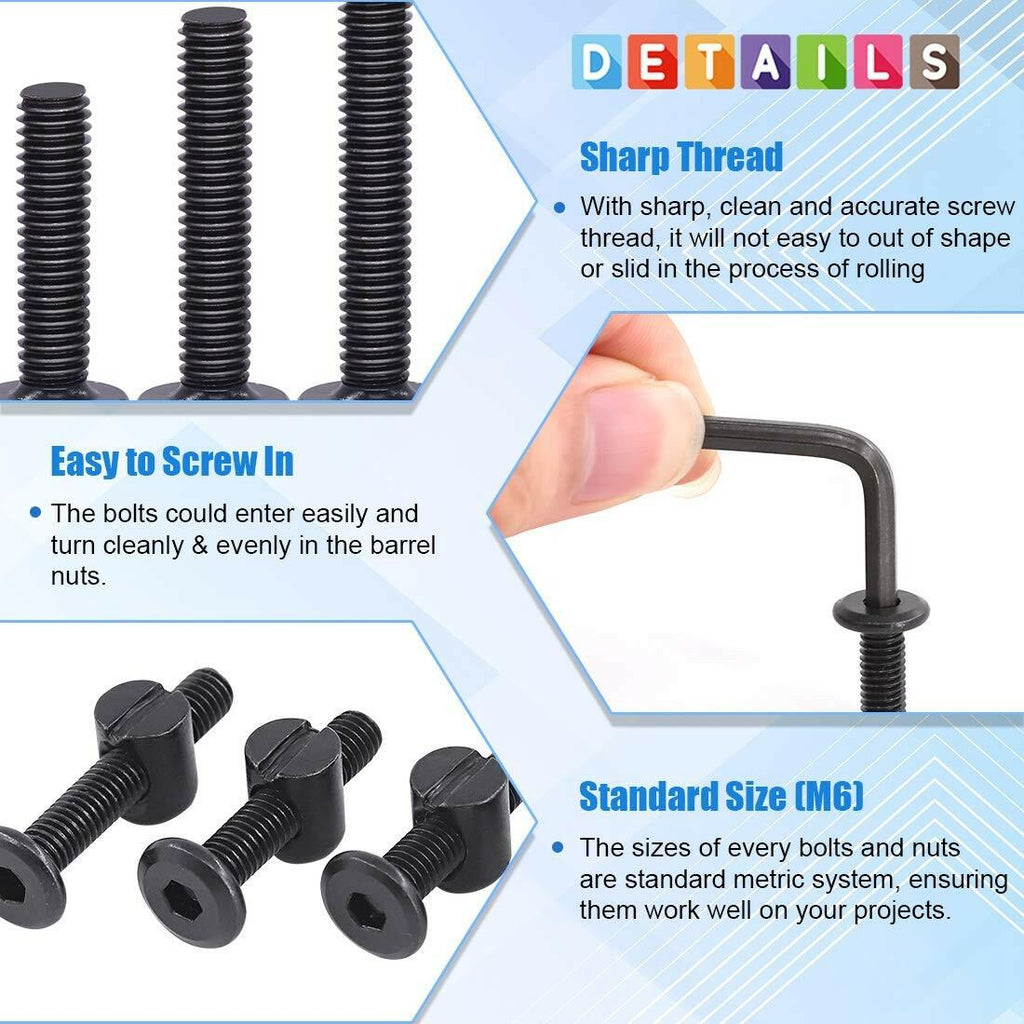 Glarks 120Pcs M6x40/50/60/70/80mm Black Hex Socket Cap Bolt Screws and Barrel