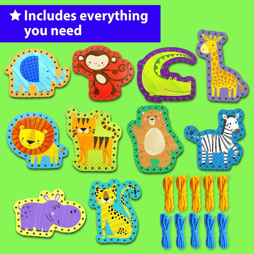 KRAFUN Safari Animal Preschool Arts & Crafts Lacing Kit, 10 Easy Lacing Cards