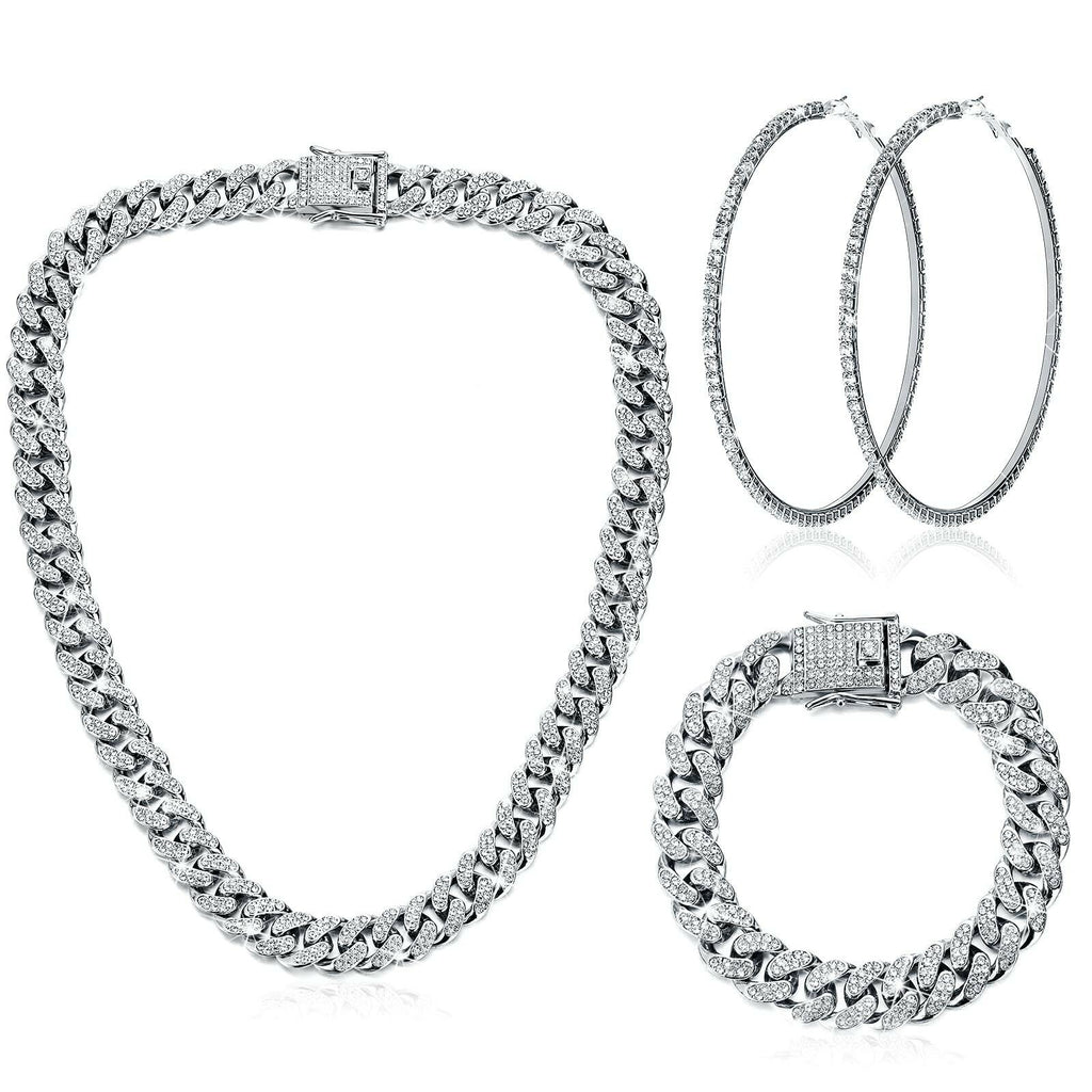 Batiyeer 3 Pcs Cuban Link Chain Necklace Bracelet Rhinestone Hoop Earrings Bling