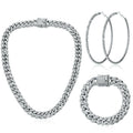 Batiyeer 3 Pcs Cuban Link Chain Necklace Bracelet Rhinestone Hoop Earrings Bling
