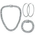 Batiyeer 3 Pcs Cuban Link Chain Necklace Bracelet Rhinestone Hoop Earrings Bling