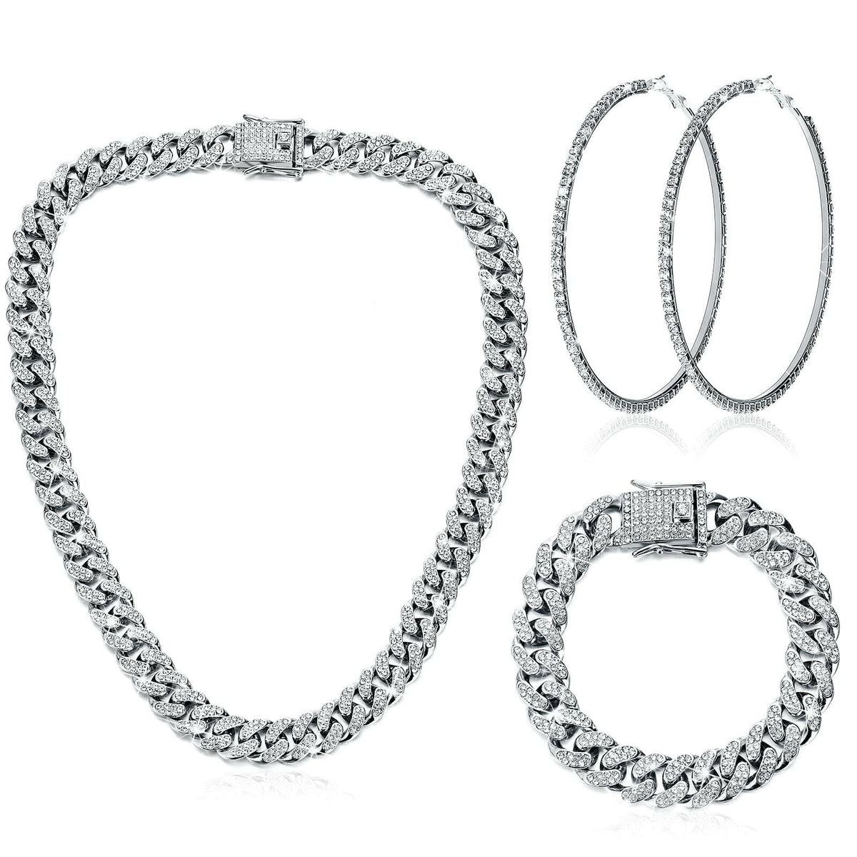 Batiyeer 3 Pcs Cuban Link Chain Necklace Bracelet Rhinestone Hoop Earrings Bling