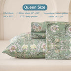 Huborise 17.5", 4Pcs Boho Sheets Silky Green Floral Bed Sheet Set Queen Size