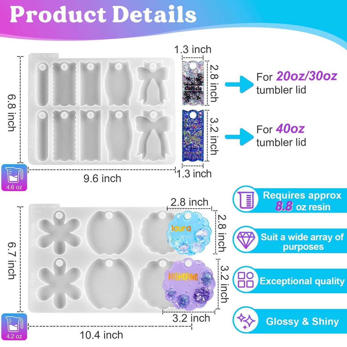 LET'S RESIN Name Plates Resin Molds for 20oz/30oz & 40oz Lid, 16 Cavities 2Pcs