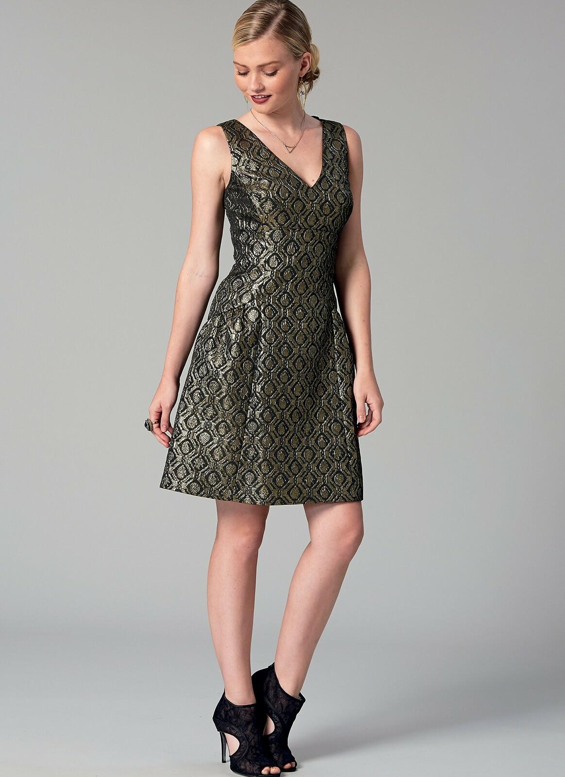 Butterick M7502-A50 Miss Petite Drop-Waist, V-Neck Dress, 6-8-10-12-14