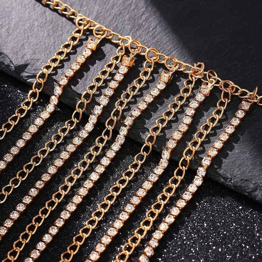 Brishow Gold Body Chain Jewelry Rhinestone Layered Waist Chain Rave Accessories