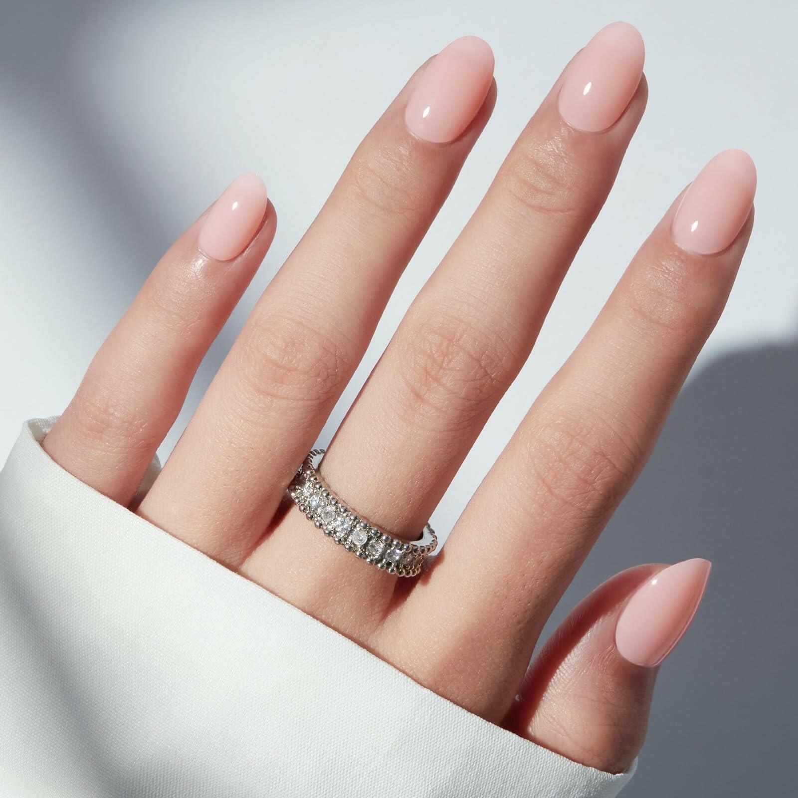 modelones Nude Pink Short Press on Nails, Semi-Transparent Oval Fake Nails Kit