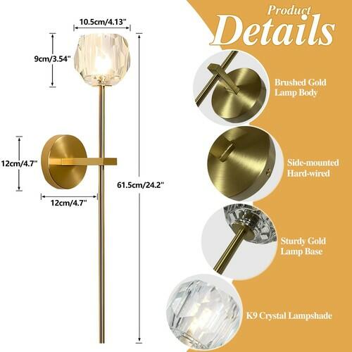 BOKT Gold Crystal Wall Sconce Set of 2 Brass Glass Bedroom Light Fixture