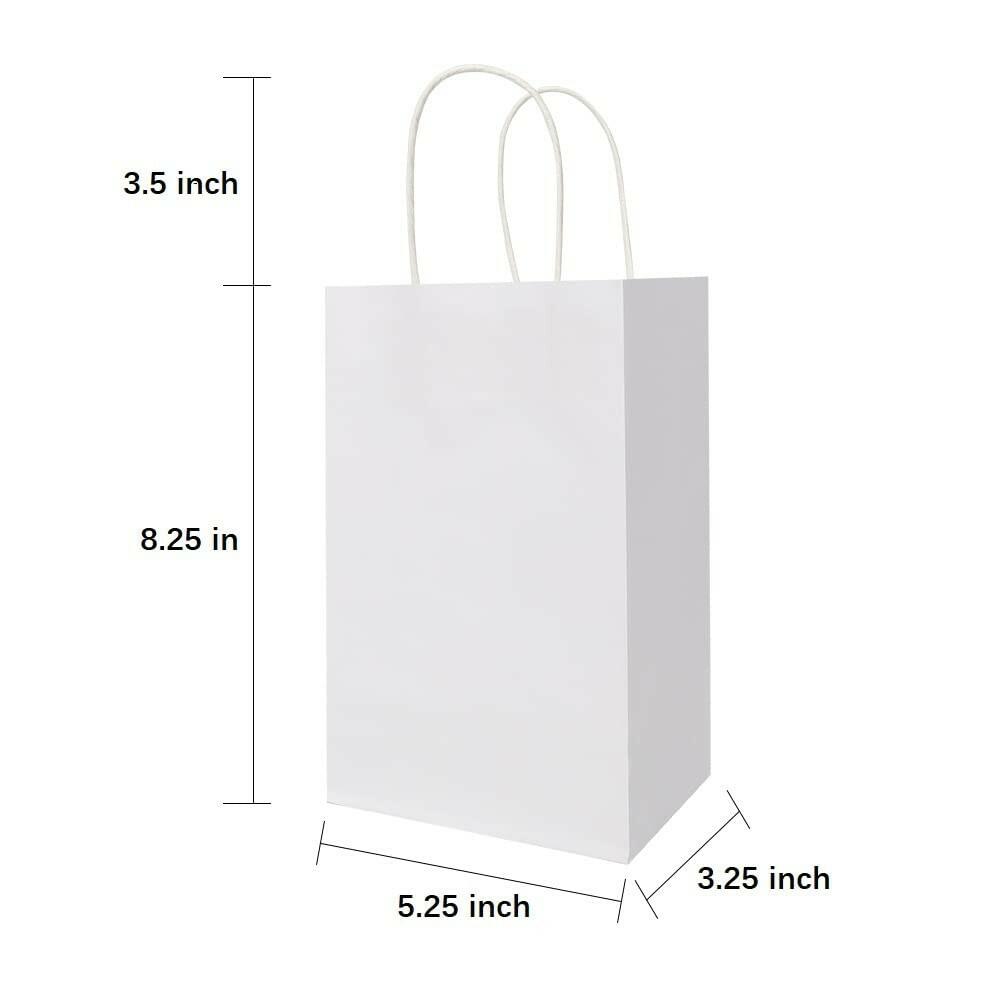 Oikss 100 Pack 5.25x3.25x8.25 Inch Small White Kraft Paper Bags with Handles