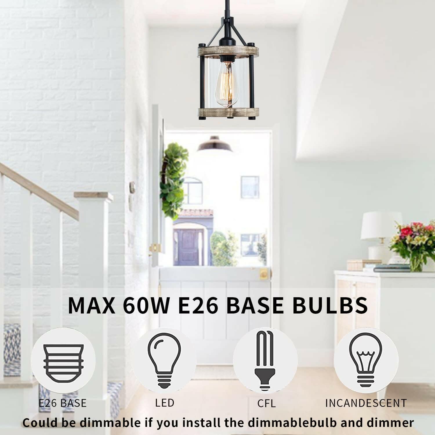 Ejerlya Farmhouse Pendant Light, Rustic White Wood and Metal Cage Hanging Light