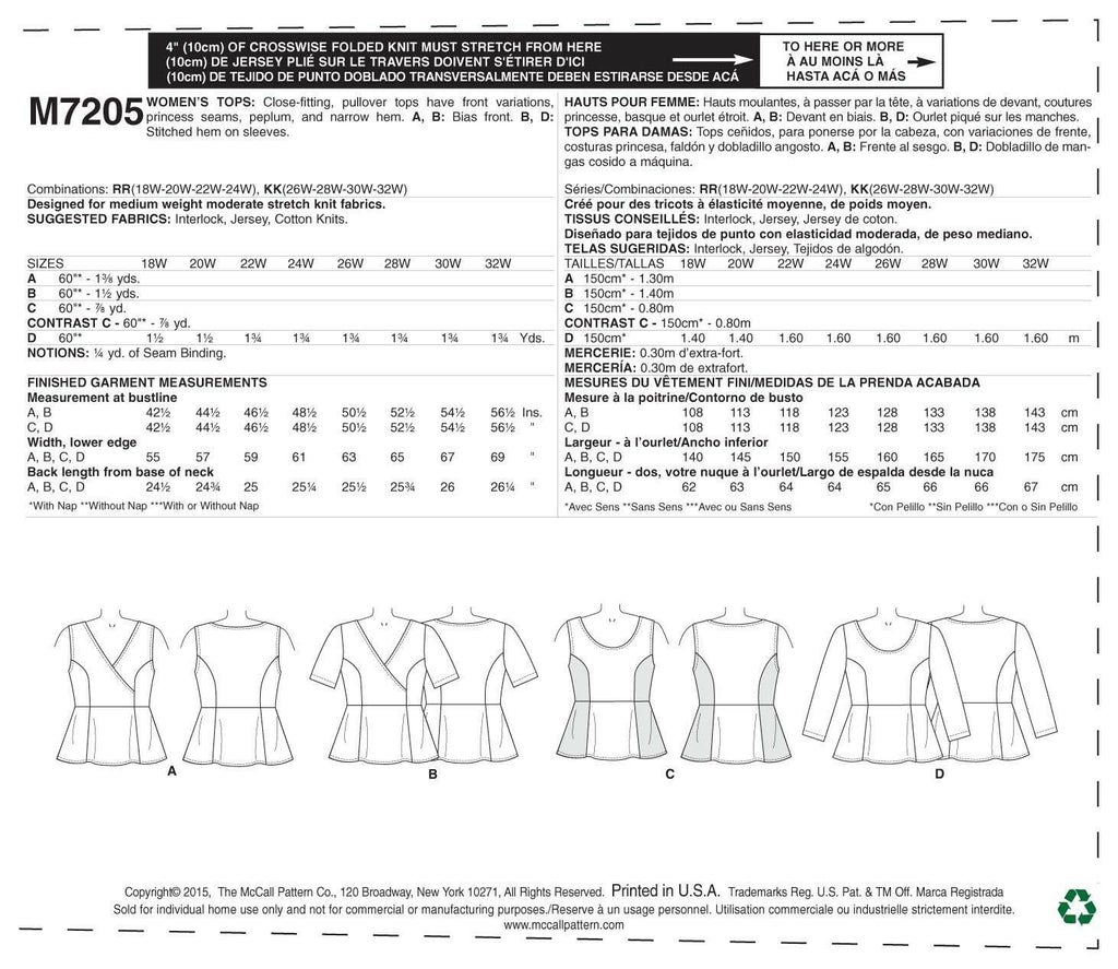 McCall's Patterns M7205 Women's Tops Sewing Template, KK (26W-28W-30W-32W)