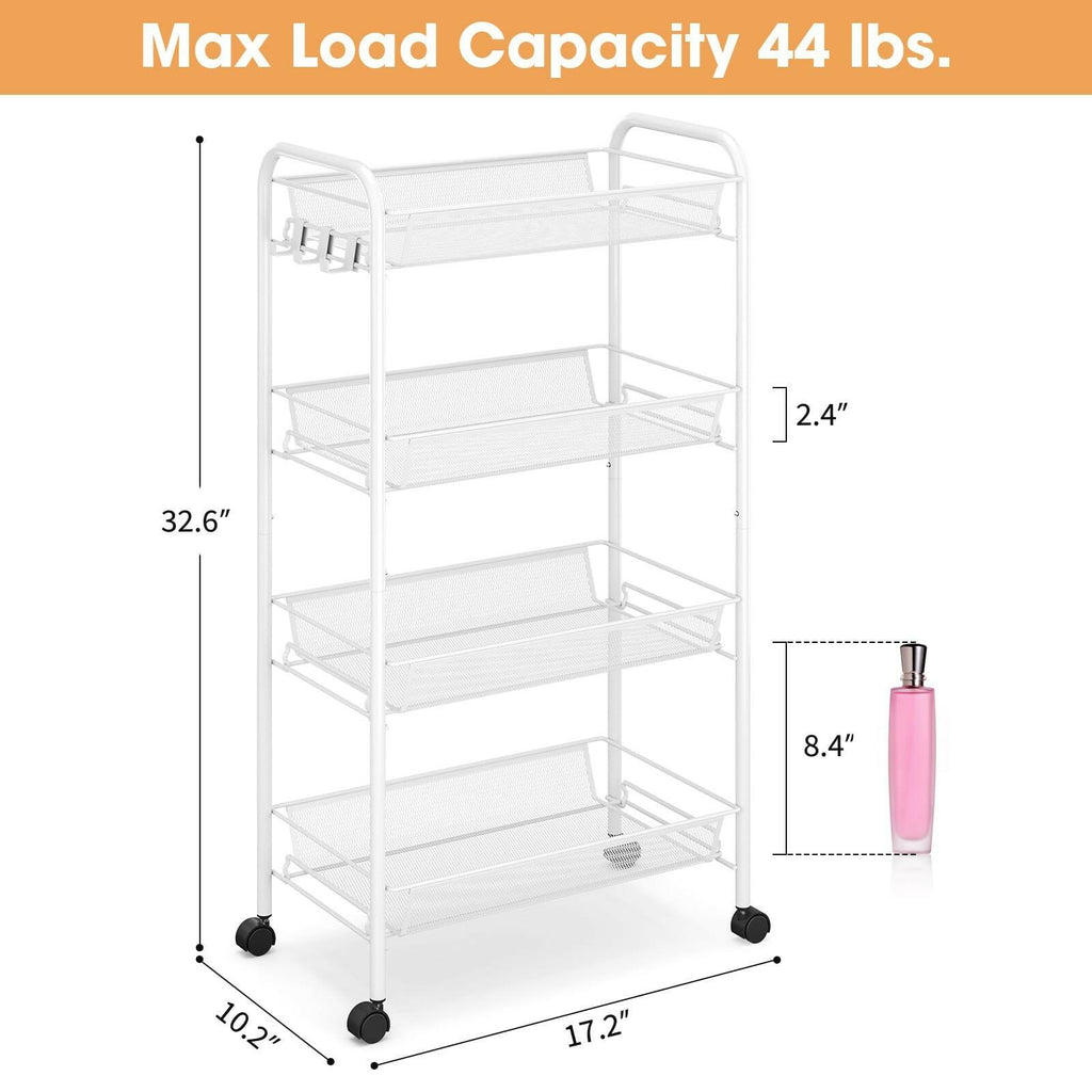 TOOLF 4-Tier Rolling Cart, Metal Utility Cart with 3 Hooks, Easy Assemble Mobile