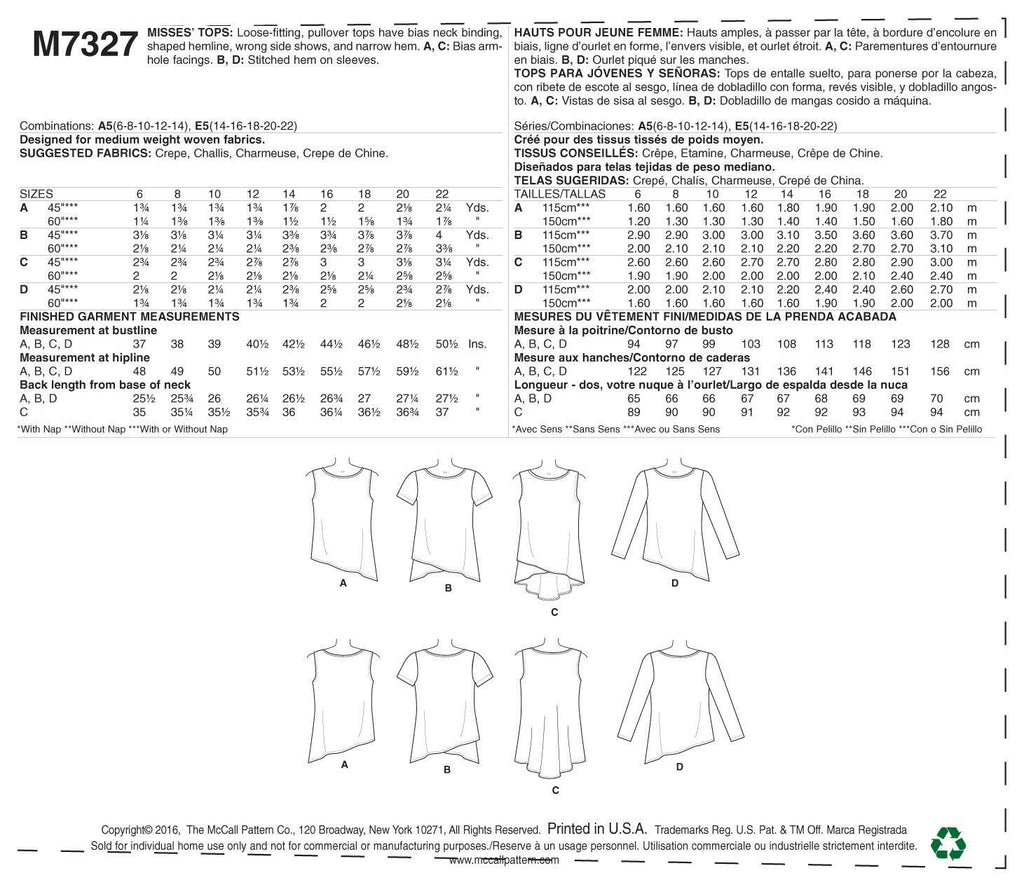 McCall's Patterns M7327 Misses' Shaped Hemline Tops, A5 (6-8-10-12-14)