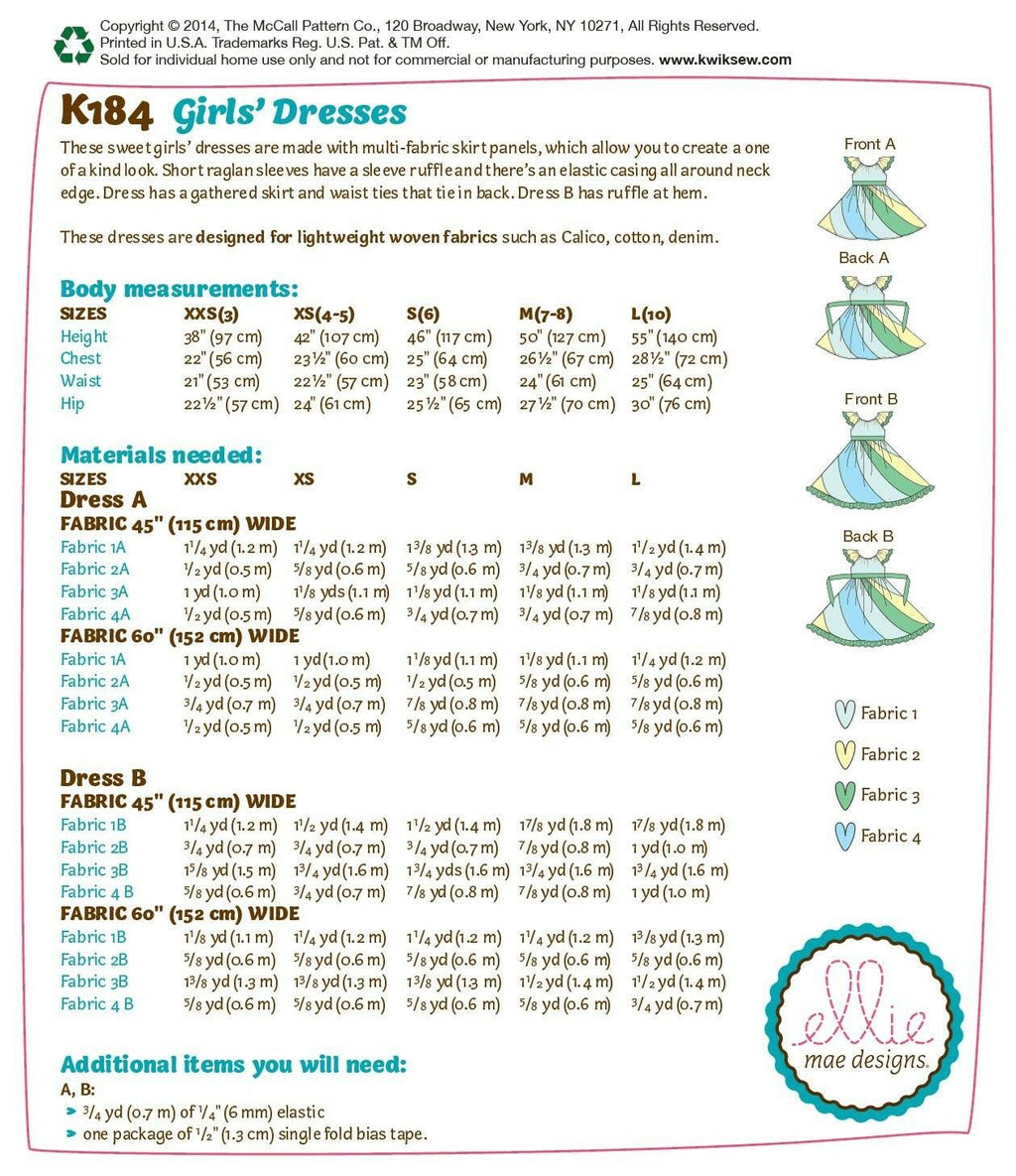 KWIK-SEW PATTERNS K0184 Girls' Dresses