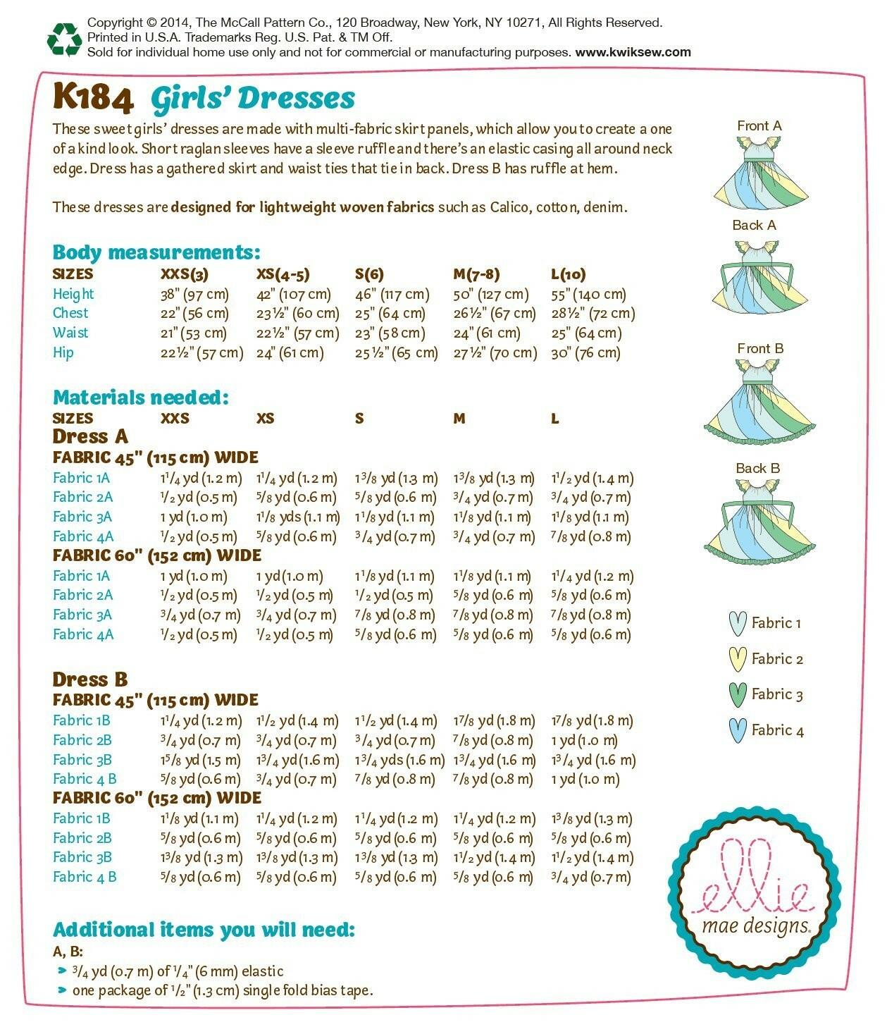 KWIK-SEW PATTERNS K0184 Girls' Dresses