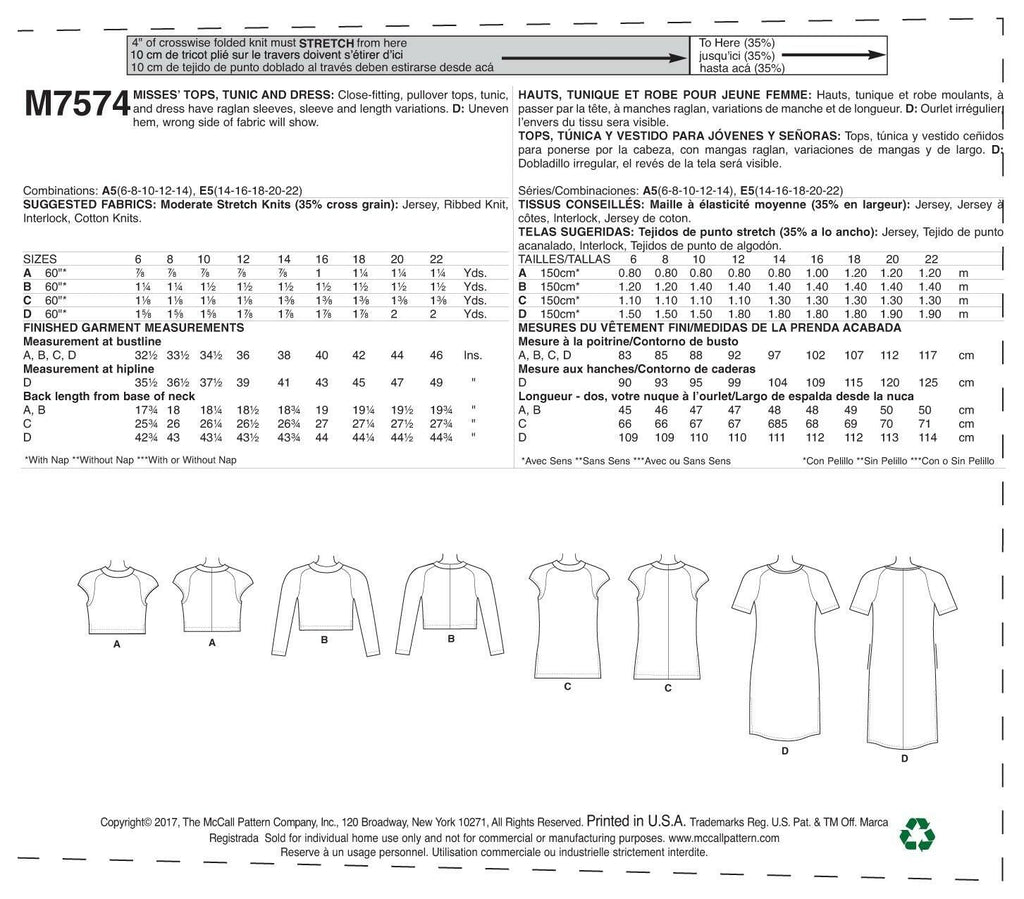 McCall Patterns Misses' Knit, Raglan Sleeve Pullover Tops/Tunic and Dress