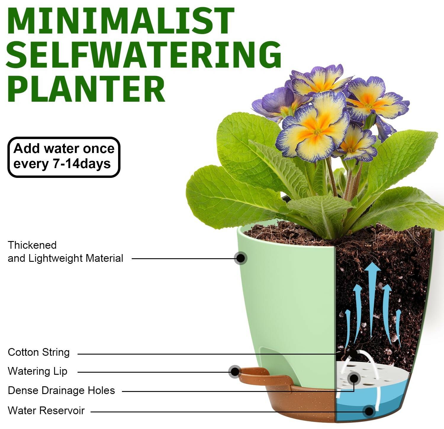 5-Pack Plant Pots with Drainage 7/6.5/6/5.5/5 Inch Self Watering Pots for Indoor