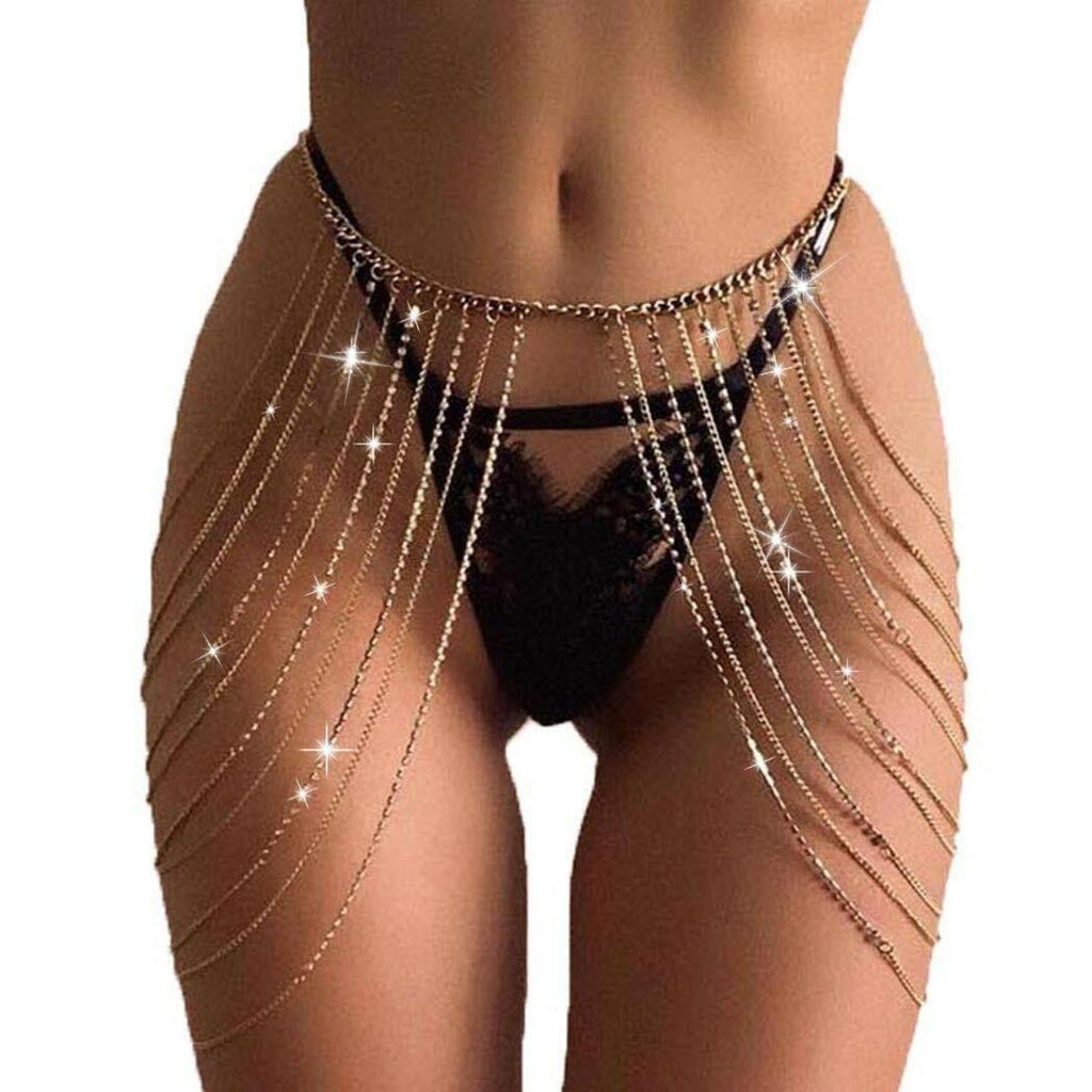 Brishow Gold Body Chain Jewelry Rhinestone Layered Waist Chain Rave Accessories