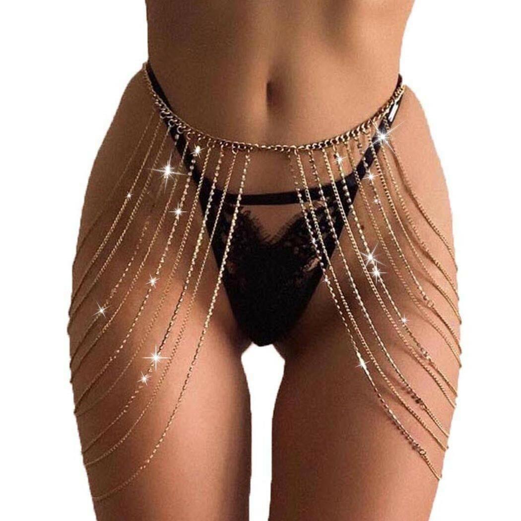 Brishow Gold Body Chain Jewelry Rhinestone Layered Waist Chain Rave Accessories