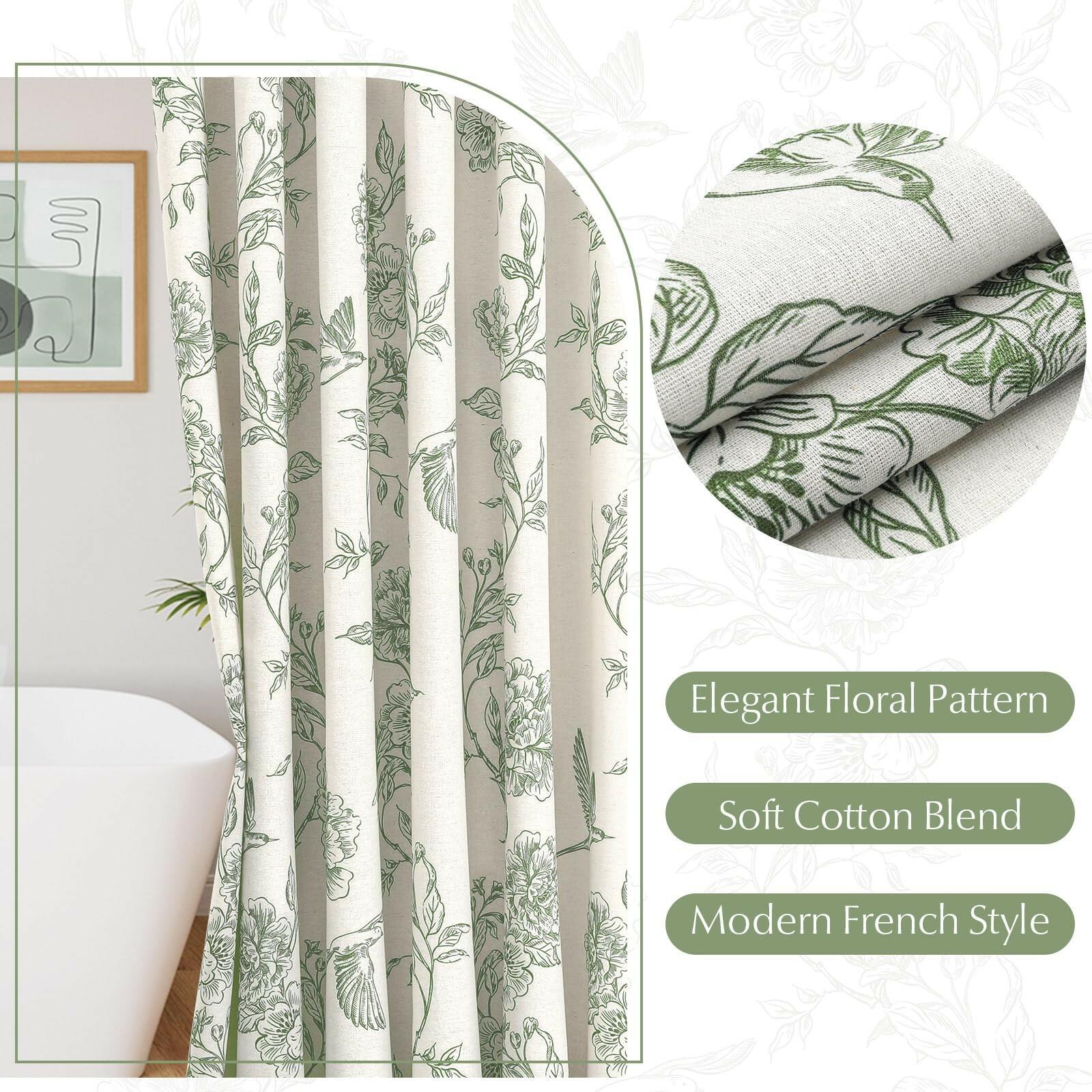 MitoVilla Sage Green Farmhouse Shower Curtain Set, 72" W x 72" L Cotton Floral