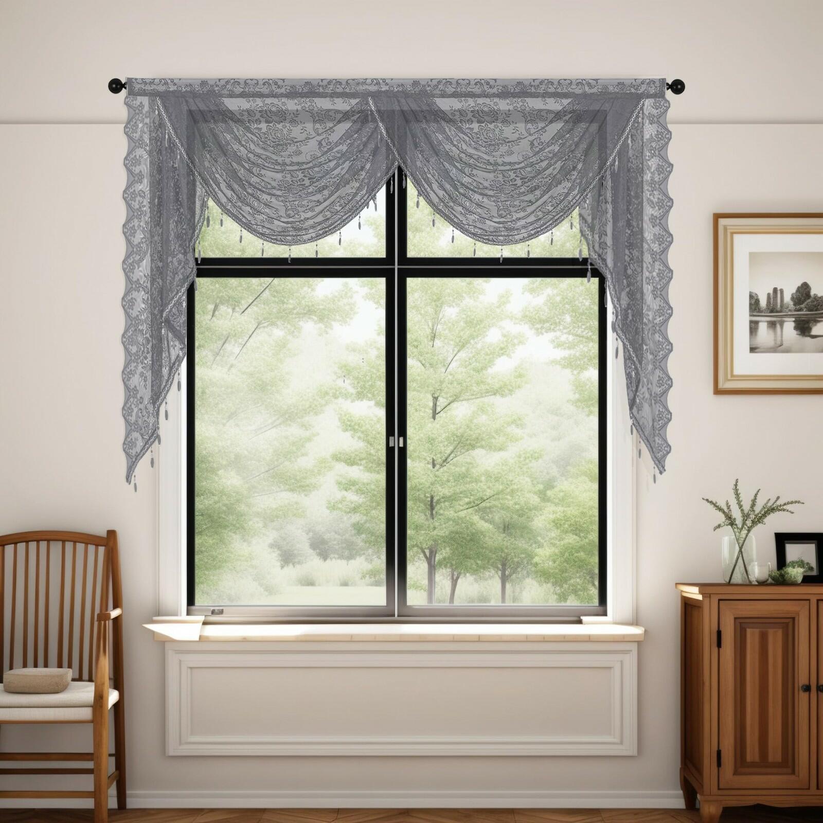 Huierxun Grey,59"x41" Elegant Lace Waterfall Window Valance with Bead Tassels