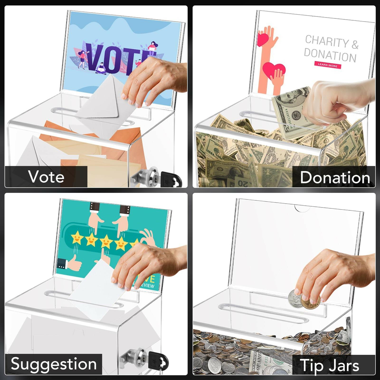 VOISEN Clear Donation Box with Lock,  6.2x4.6x3.9 Inch Ballot Box with Sign