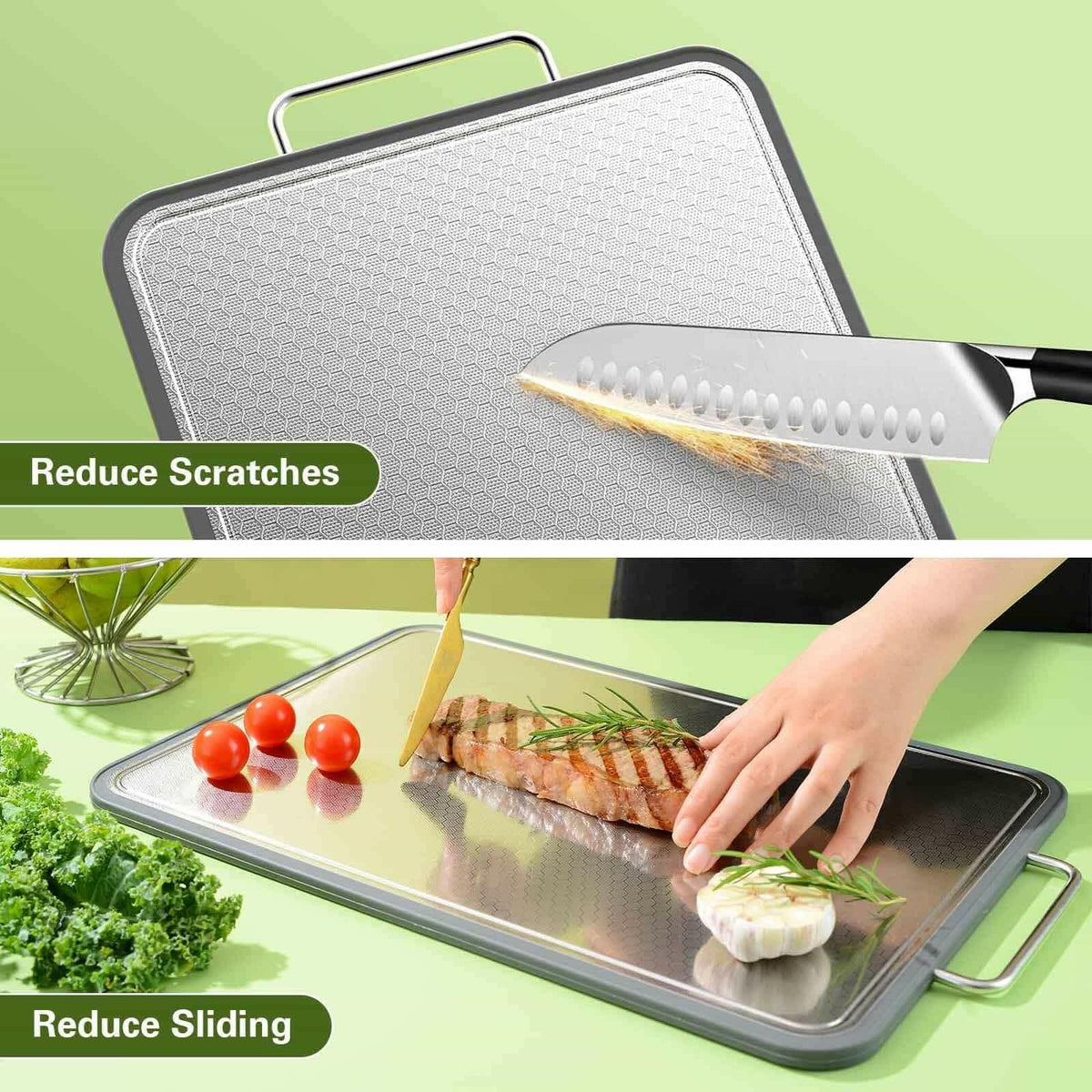 Stainless Steel Cutting Board 16''×11'', Double Sided 304 Steel Cutting Board