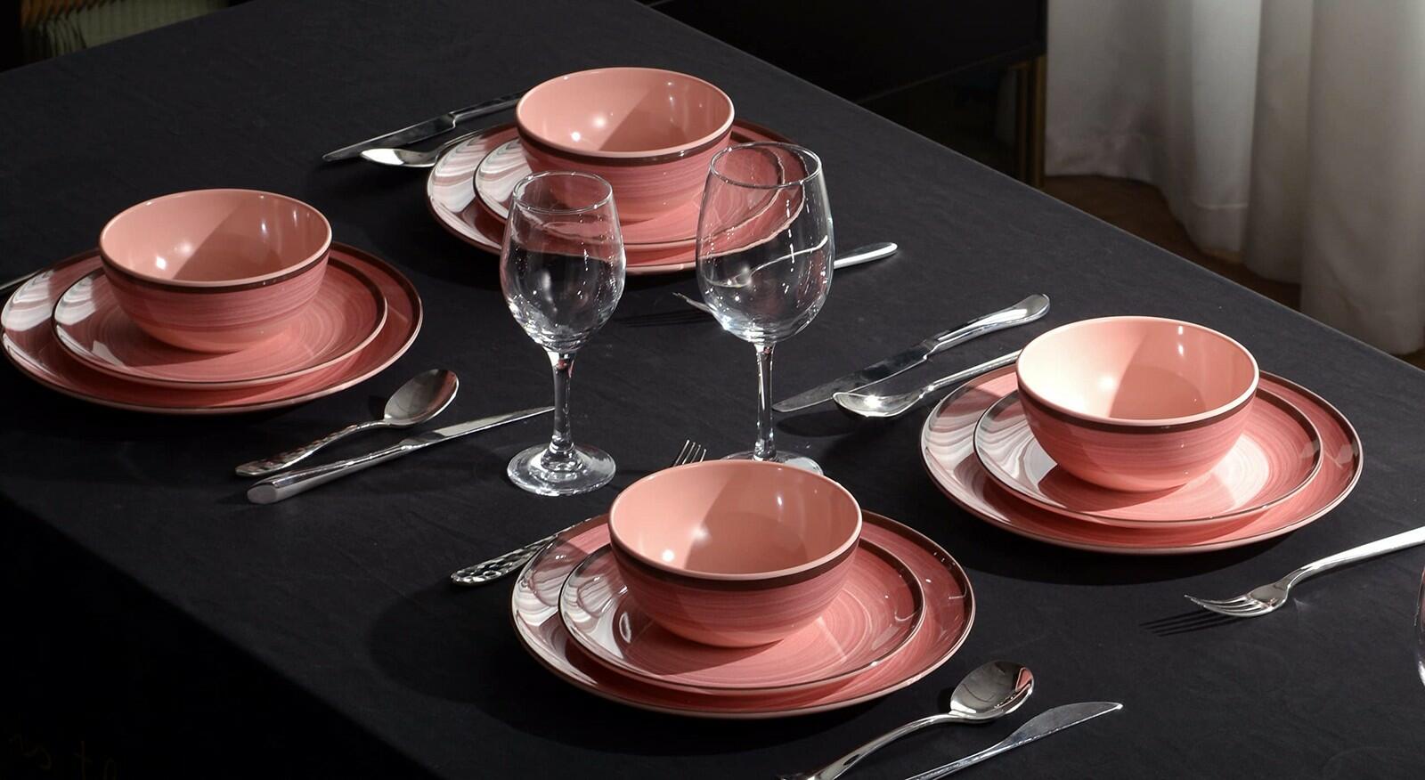12Pcs Melamine Dinnerware Set, Plates And Bowls Sets for 4, Pink Color