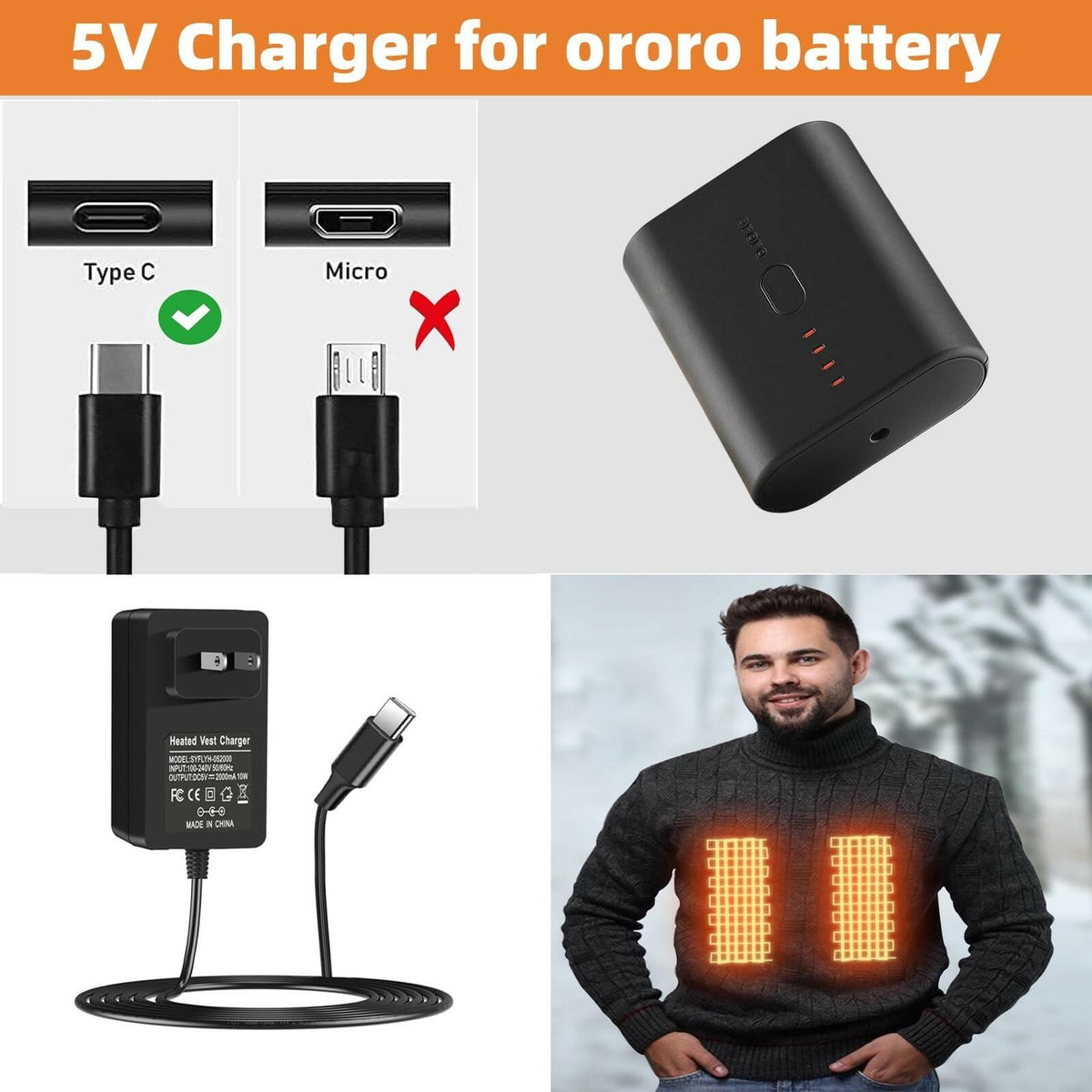 5V Charger for ORORO Battery, USB-C Power Adapter Cord Compatible with ORORO