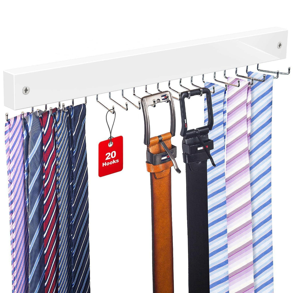 Tie Rack Wall Mounted, Belt Rack Tie Organizer for Men with 20 Storage Hooks,