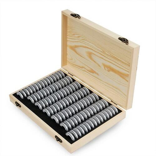 Wooden Coin Storage Box Holder w/ Foam Gaskets Display Case for 100 Coins