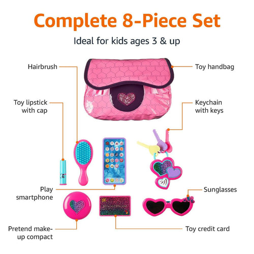 Amazon Basics 8-Piece Pretend Play Purse Toy with Accessories for Girls Ages 3