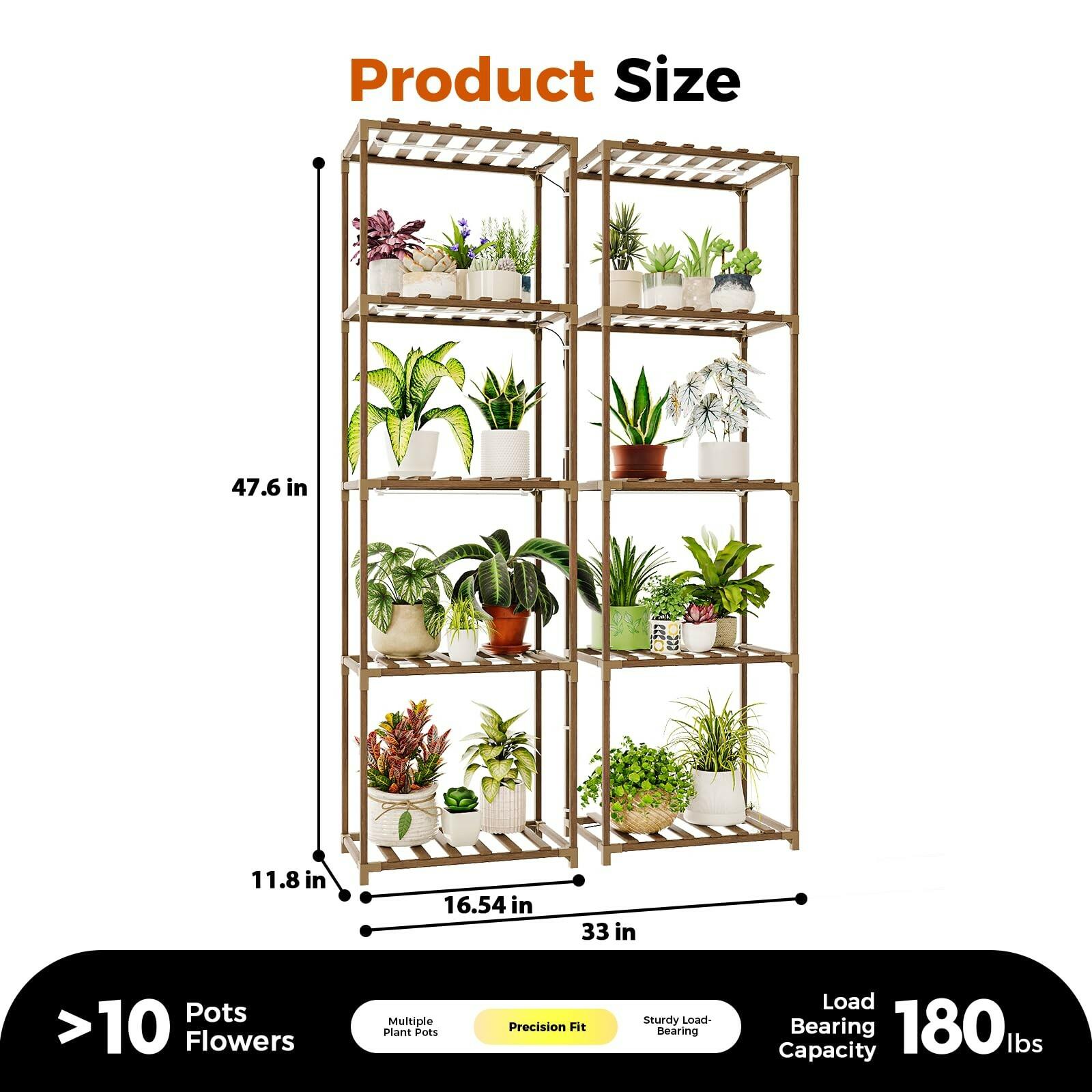 2 PCS Bamworld Plant Stands with Grow Lights Tall Plant Shelves for Mutiple Pots