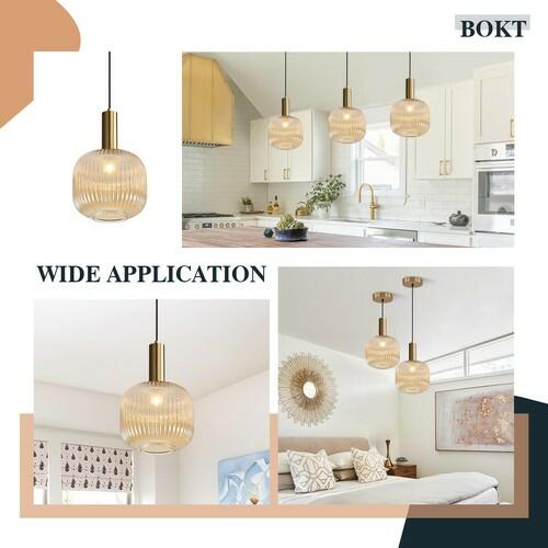BOKT Modern Large Amber Glass Globe Pendant Light Fixture Brushed Brass Gold
