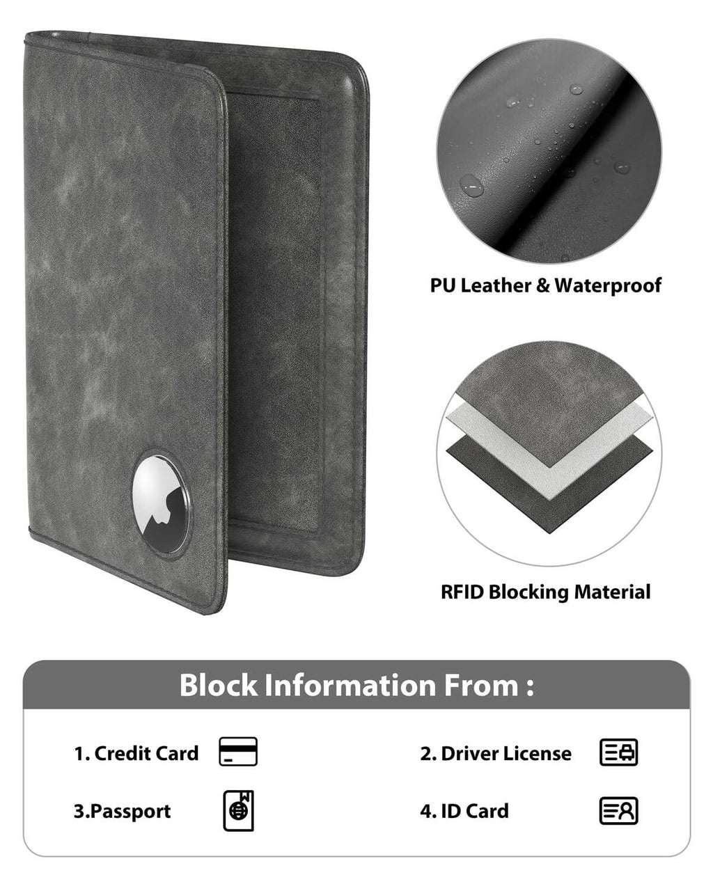 Stouchi AirTag Passport Wallet, Grey, Unisex, Faux Leather, RFID Blocking,
