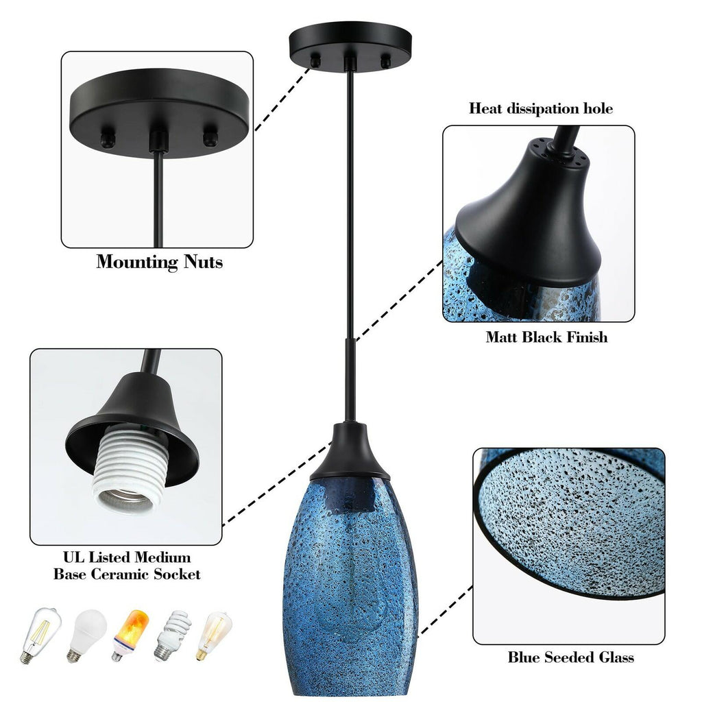 1 PACK Viinew Mini Glass Pendant Light Handblown Clear Dark Blue Seeded Glass