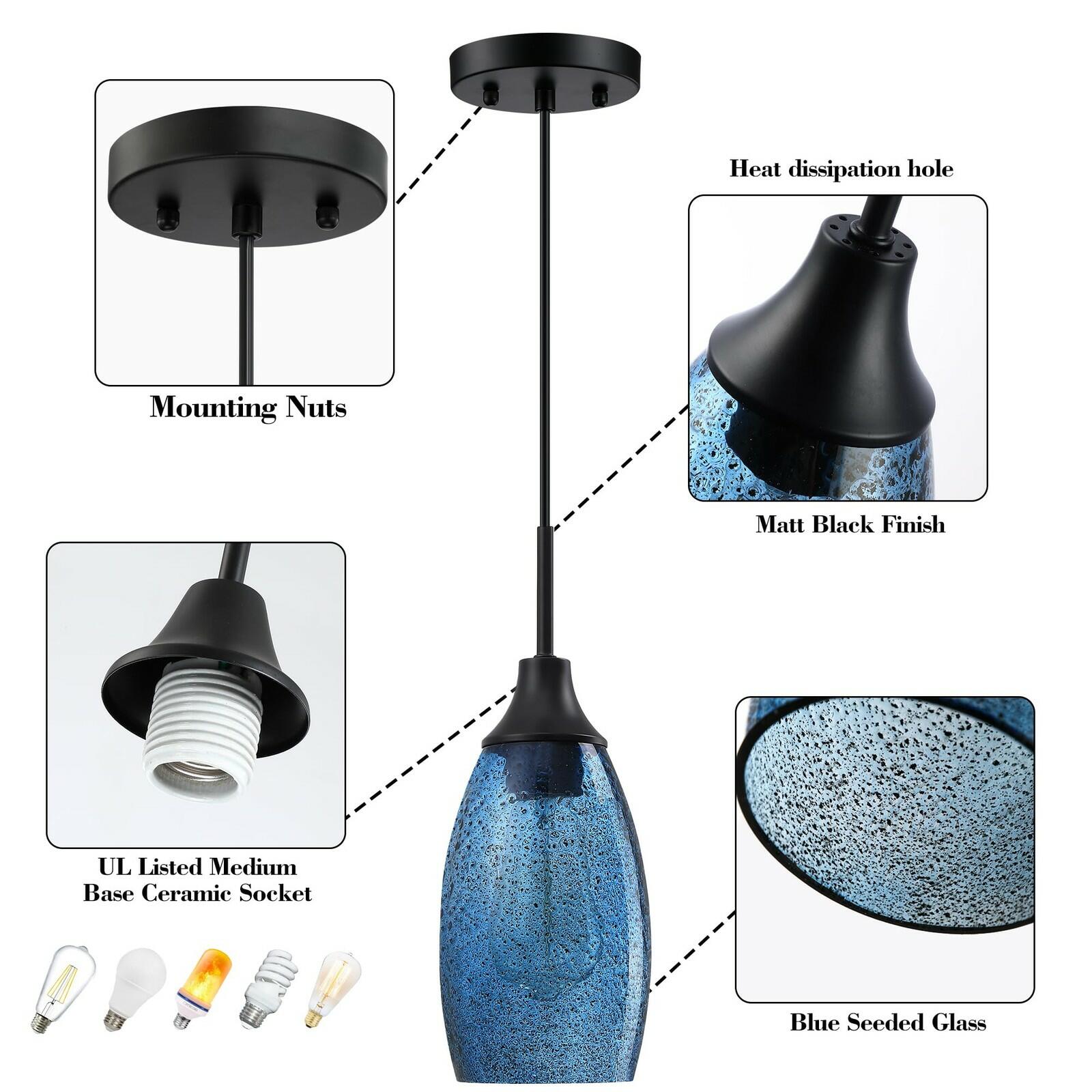 1 PACK Viinew Mini Glass Pendant Light Handblown Clear Dark Blue Seeded Glass