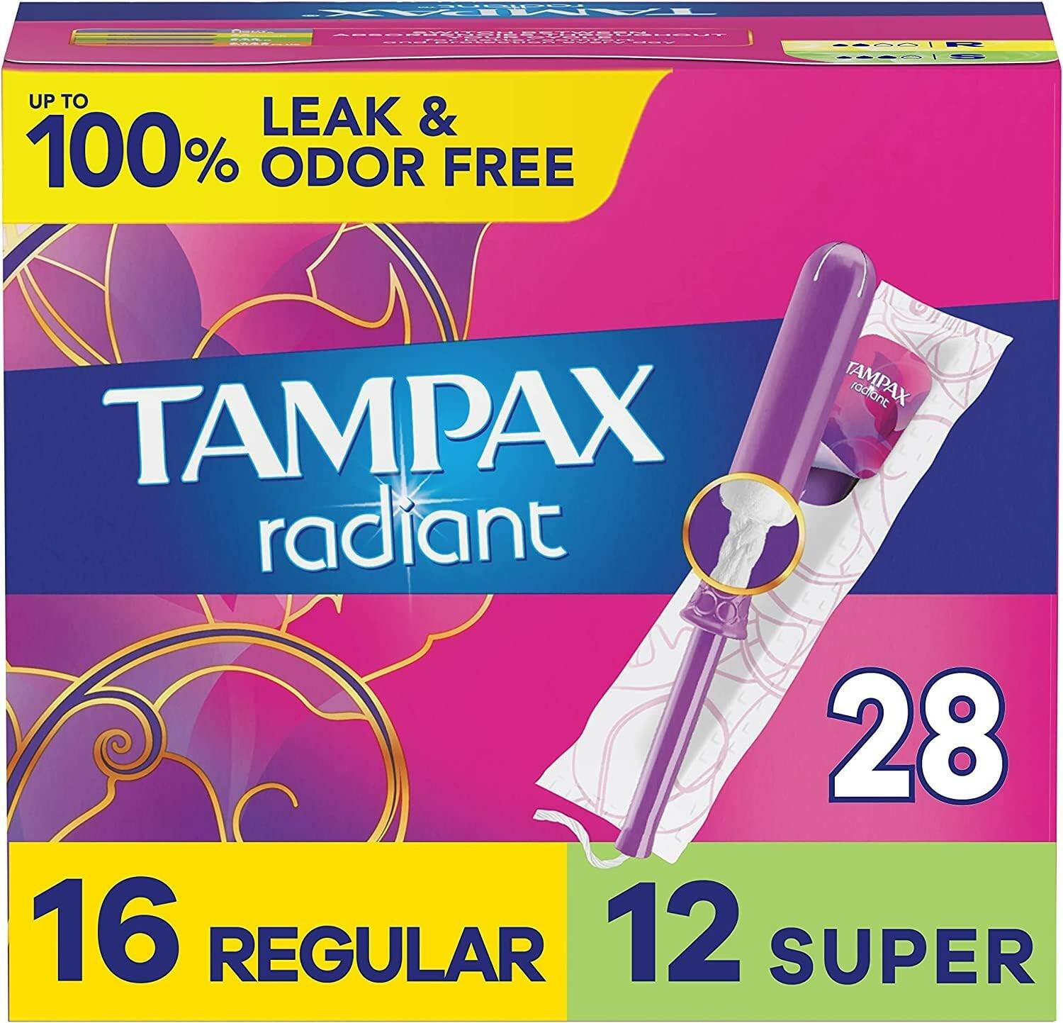 28 Count Tampax Radiant Tampons Multipack With Leakguard Braid, Regular/Super