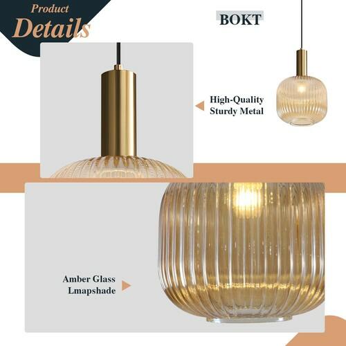 BOKT Modern Large Amber Glass Globe Pendant Light Fixture Brushed Brass Gold