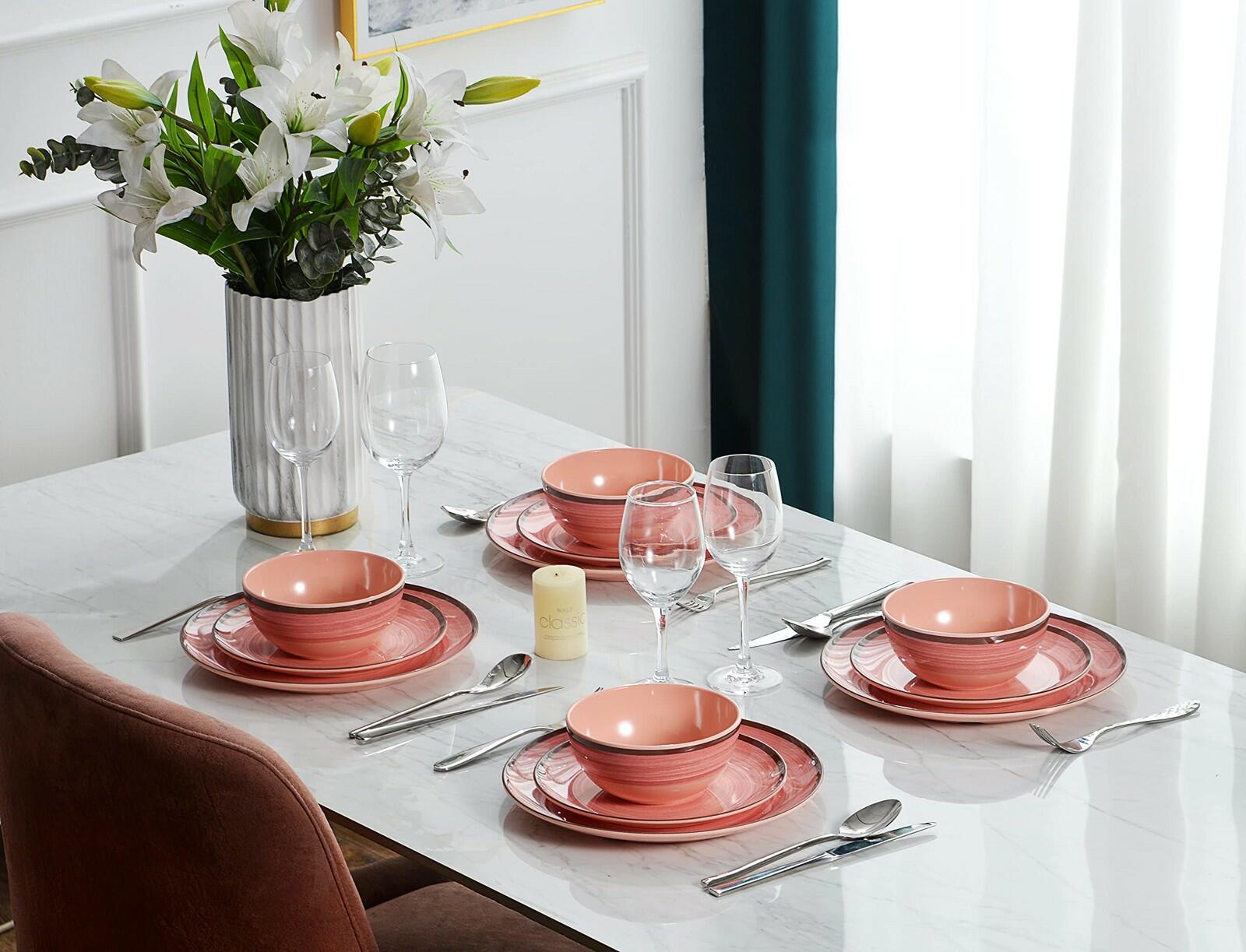 12Pcs Melamine Dinnerware Set, Plates And Bowls Sets for 4, Pink Color