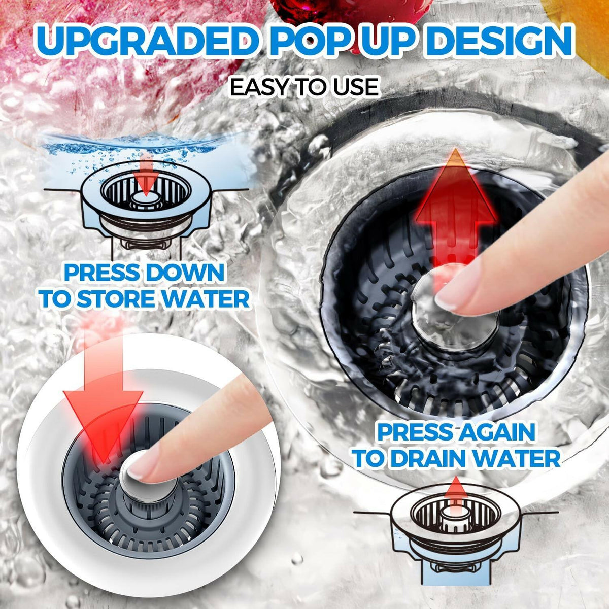 Sink Drain Strainer - Sink Stopper Kitchen Drain, 3 in 1 Kitchen Sink Drain