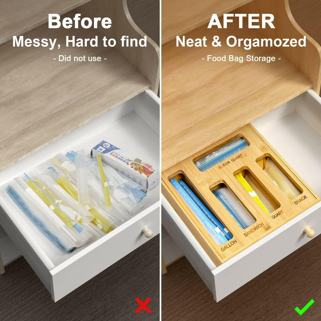 DUJEN Plastic Bag Organizer for Drawer, Bamboo Food Storage Bags Container