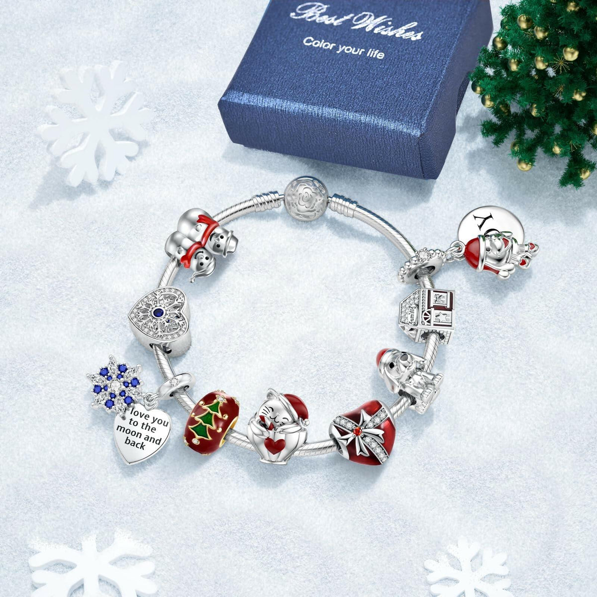 JIAYIQI Christmas Charm Charms Bracelets Love Heart Bead 925 Sterling Silver